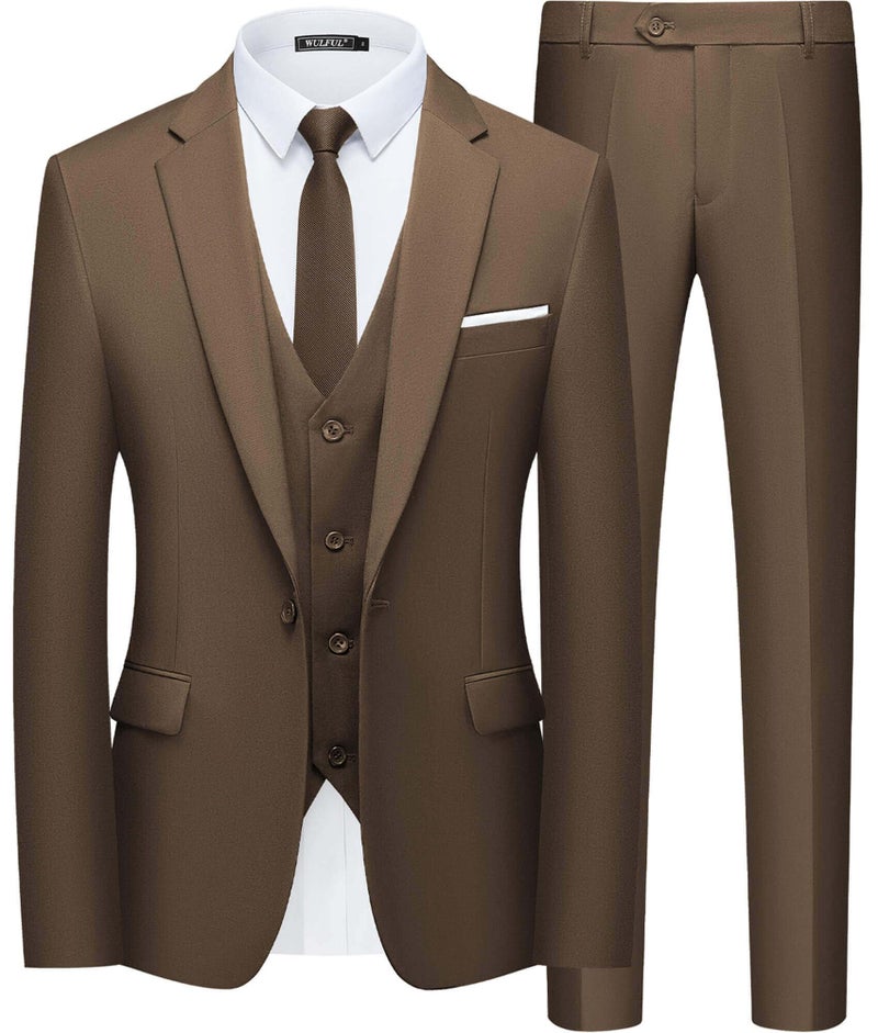 WULFUL Menâ€™s Slim Fit Suit One Button 3-Piece Blazer Dress Business Wedding Party Jacket Vest & Pant Brown - Image 1